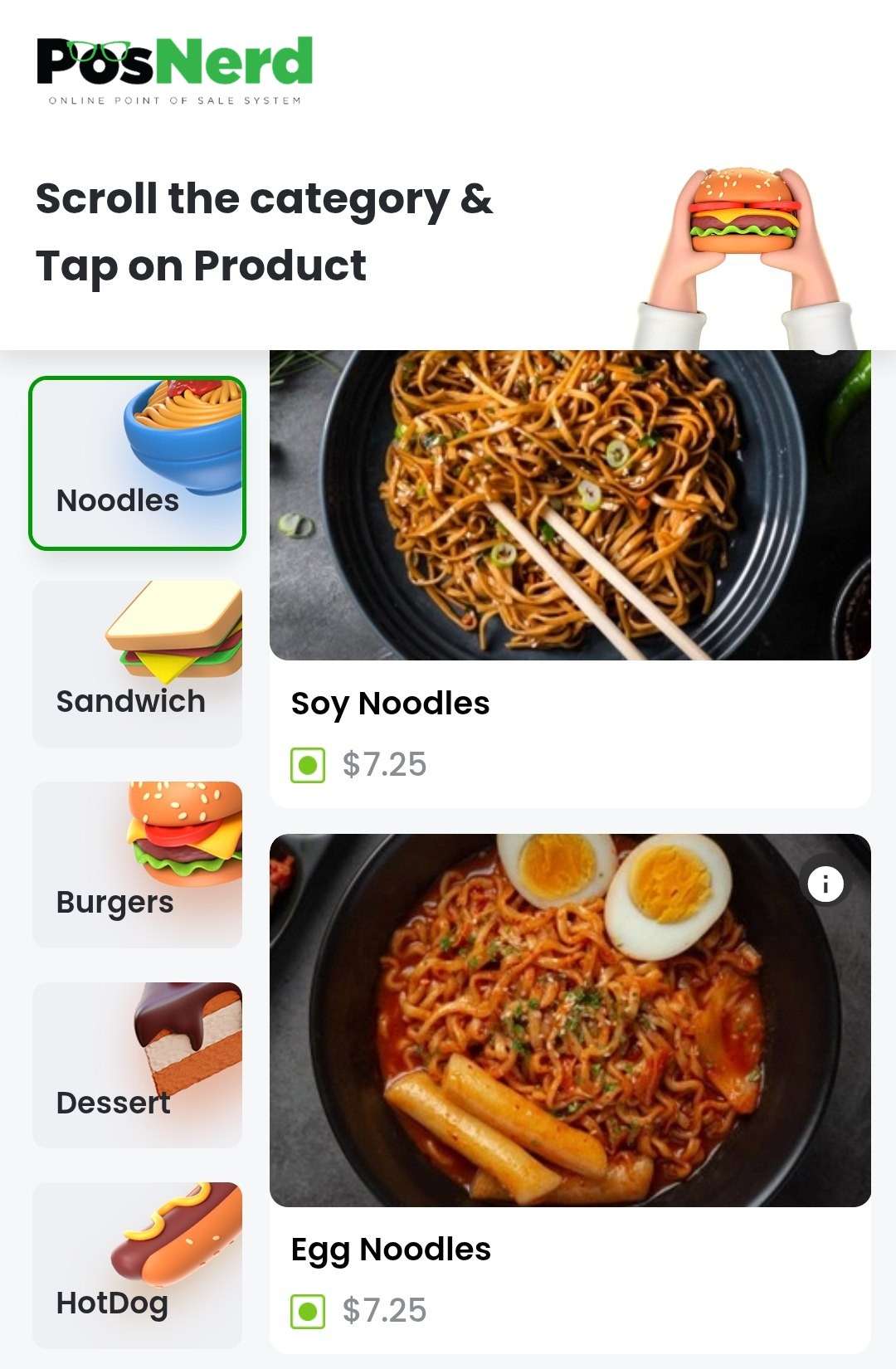 The PosNerd kiosk ordering screen: categories with pictures on the left, products with photos and prices