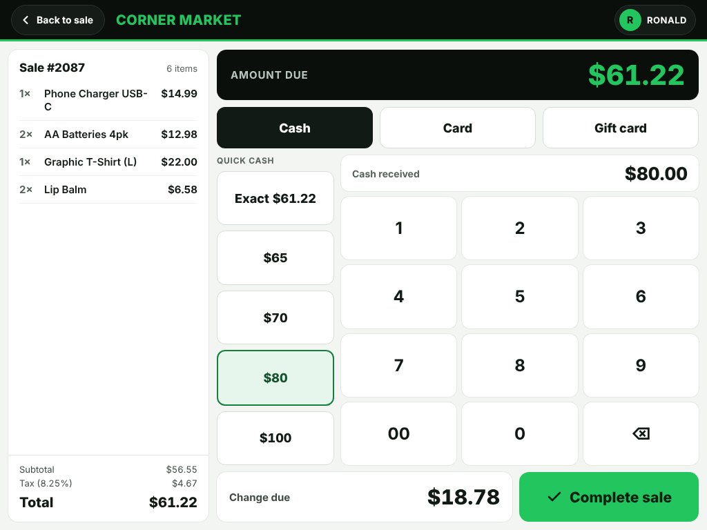 PosNerd checkout screen: cash, card or gift card